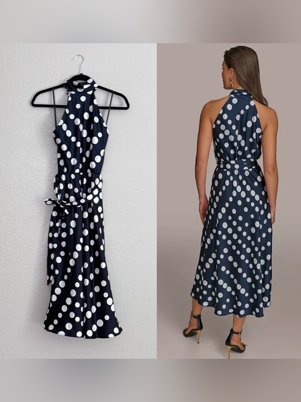 Donna Karan New York Navy White Polka Dot Halter Midi Dress - Picture 3 of 6